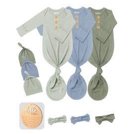 Baby Knotted Gown 3 Packs, Breathable Pajamas Going Home Outfit Clothes Newborn Girl Boy, Infant Announcement Nightgown 0-3 Months Set with Mittens, Hats, Headbands & Wooden Name Sign