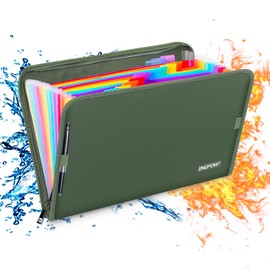 ENGPOW 13 Pocket Expanding File Folder,Fireproof Accordion File Folder Document Organizer with Zipper Closure,Document Folder Safe with Colorful Tabs,A4 Letter Size for Travel,Home,Office,Green