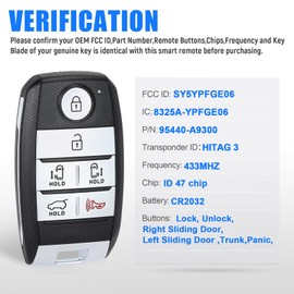 Keymall Control remoto de entrada sin llave de 6 botones de repuesto para Kia Sedona 2015, 2016, 2017, 2018, 2019, 2020, 2021 (FCC: SY5YPFGE06 P/N: 95440-A9300 ID47 Chip)