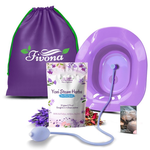 Fivona Yoni Steam Kit 4-in-1 Bundle of Expandable Steaming Seat for Toilet Pump Storage Bag and All Natural Blue Moon Yoni Steam Herbs for V-Steam Therapy Cleansing Detox