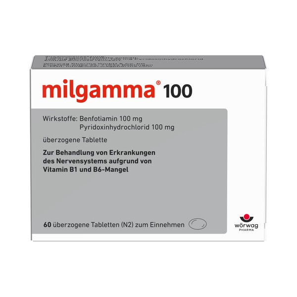Milgamma® 100 mg Coated Vitamin B1 Tablets with Benfotiamine B1 (a Fat Soluble Precursor of Vitamin B1) and Vitamin B6, Pack of 60