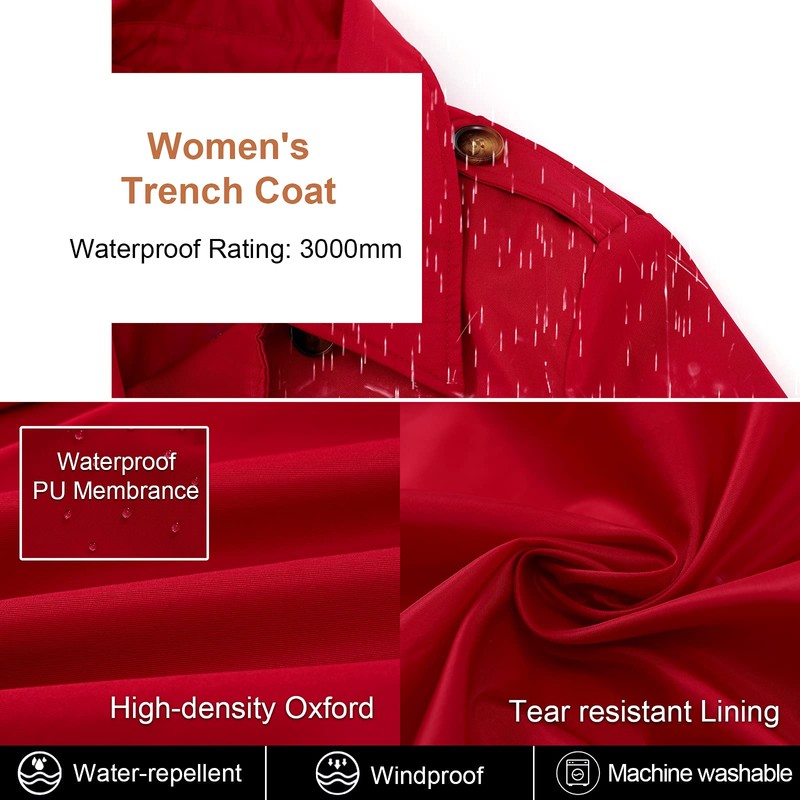 CREATMO US Womens Trench Coat Petite Waterproof Dress Coat With