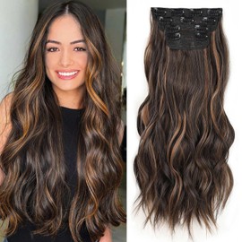 Xtrend 20Inch Dark Brown Gloden Wavy Hair Extensions Clip in Hair Extensions Synthetic Hair pieces for Women Girls 4PCS Full Head Set Thick Curly Wavy Synthetic Hair Extensions(2H426)
