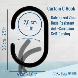 Blau Marité 12 Metal Shower Curtain Hooks, Rust-Proof Decorative C-Shaped Curtain Hooks for Bathroom, Black Shower Curtain Rings, Fits Rods Up to 1 Inch (C, Black)
