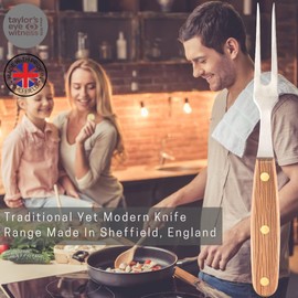 Heritage Oak 6in Carving Fork - Made in Sheffield by Taylors Eye Witness. 15cm Long High Carbon Steel Tines/Prongs. Brass Rivets. Full Tang Construction. Ergonomically Designed Wooden Oak Handle.