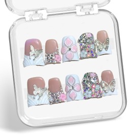 Duck Shaped Press on Nails 3D Flower Colorful Rhinestone and Butterfly Embossed Design Thick Acrylic and Muti-Layer Gel Handmade Press on Nails White French Tip Thick Acrylic Nails for Women (Size M)