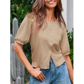 Saodimallsu Womens Puff Short Sleeve Cardigan Lightweight Summer Button Down Shirts Knit Crew Neck Sweater Tops