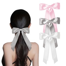 3PCS Luxury Silky Satin Hair Bow Clips for Women Girls Teens, Double Layer Ribbon Bowknot Barrettes with Long Tails, Grey White Pink Hair Accessories