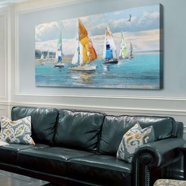 Ardemy Blue Abstract Wall Art Canvas Ocean Sailboat Picture Modern Coastal Painting, Large Nautical Handmade Artwork Textured Framed for Living Room Bedroom Bathroom Home Office Wall Decor 48"x24"