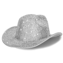 Sparkly-Diamond Western-Cowboy-Hat for Womens - Glitter-Cowgirl-Fedora-Jazz-Hat for Party Music Festival(M/L), Silver With Rhinestone, M