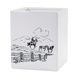 Paseo Road by HiEnd Accents Ranch Life Western Bathroom Accessories, Ceramic Waste Basket with Black and White Cowboy Horse Print, Rustic Countertop Bathroom Decor