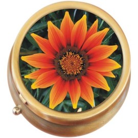 Orange Flower Brass Round Pill Box