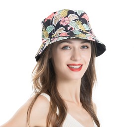 ZLYC Unisex Cute Unique Print Travel Bucket Hat Summer Fisherman Cap (Flamingo Pineapple Black)