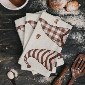 2 Packs Kitchen Towels and Dishcloths Sets, Cute Gnomes Coffee Time Brown 18 x28 Inch Cotton Dish Towel, Absorbent Quick Drying Hand Towels for Living Room Kitchen Decor Tea Towel