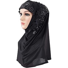 Women Floral Chiffon Scarf Muslim Hijab Cap Long Scarf Wrap Scarves Full Cover Head Pearl Lace Flower Sequins Hijab Headpiece Head Wrap Cap Breathable Ladies Large Hijab Wrap Headscarf Worship Hijab