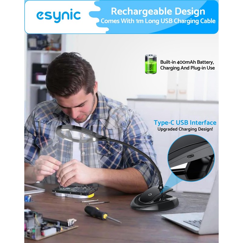 eSynic Magnifying Lamp High Clarity Magnifying Glass with Light 5X