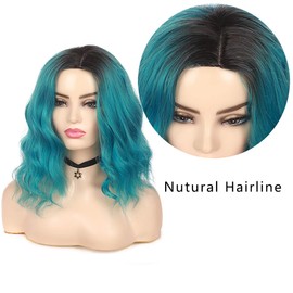 Baruisi Ombre Blue Wig Short Curly Wavy Bob Wigs for Women Synthetic Dark Roots Side Part Cosplay Hair Wig