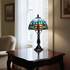 LIBOZMKO Tiffany Lamp Dragonfly Stained Glass Table Lamp, 8 Inch Vintage Desk Lamp with LED Bulb, Desk Reading Light for Bedroom Living Room Office Table Lamps for Bedside Nightstand Gift