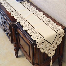 WELLYUK 15" X 57" Classic Flower Embroidery Table Runner, Vintage Polyester Festival Xmas Lace Floral Dresser Scarf Dining Dinner Lunch Home Kitchen Party Decor