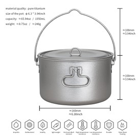 TiTo Titanium 1950ml Outdoor Titanium Pot with Lid Folding Bail Handle Ultralight Portable Kitchen Cookware Hanging ​Pot for Camping Hiking Picnic Backpacking Soup Pot (Ice Titanium)