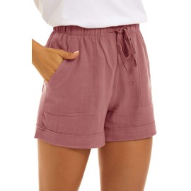 KINGFEN Women Shorts Casual Comfy Drawstring Lounge Shorts for Women 5 Inch Inseam Elastic Waist Mid Rise Linen Beach Summer Pull On Short with Pockets Dark Pink XX-Large