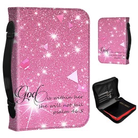 Pink Glitter Bible Cover for Women and Girls - Leather Carrying Case with Pockets | Book Holder and Gift