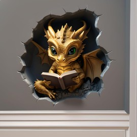 Dragon Reading in Wall Hole Decal, 3D Wall Sticker, 5 in, Pack of 2