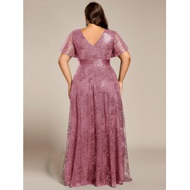 Ever-Pretty Plus Women's V Neck Embroidered Sequin A Line Ruffles Sleeves Plus Size Evening Dresses Ball Gowns Orchid US16
