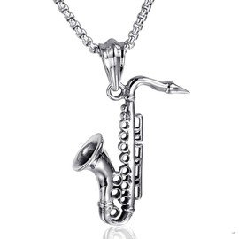 Saxophone Necklace for Men, Hip Hop Saxophone Necklace, Jazz Musical Instrument Pendant Necklace with 23.6"Chain, Stainless Steel Punk Rock Saxophone Pendant, Vintage Saxophone Music Lovers Necklace Jewelry for Men
