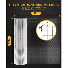 HUNKA Hardware Cloth 36'' x 50' 1/4 inch Square Openings - 23 Gauge Hot-Dip Galvanized Wire Mesh, Welded Cage Wire Rolls Great for Animal Enclosure Chicken Coop Flower Beds Rabbits Wire Fencing