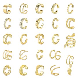 EDLMKM 24 Pcs Ear Cuffs For Women Non Piercing, Clip On Earrings, Gold Clip-on Earrings, Fake Piercing Ear, Snake Ear Cuff, Adjustable, Helix Cartilage Clip, Piercing for Men and Women