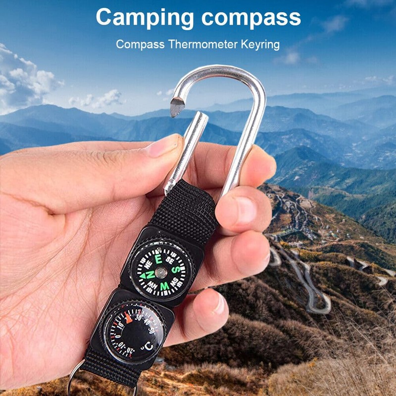 Compass Keychain 3 in 1 Carabiner Compass Thermometer Hook for