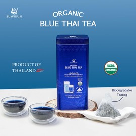Suwirun Organic Blue Thai Tea 25 Bags – Naturally Blue Butterfly Pea Tea – Floral Aroma with Vanilla & Green Tea – Great for Hot, Iced & Milk Tea