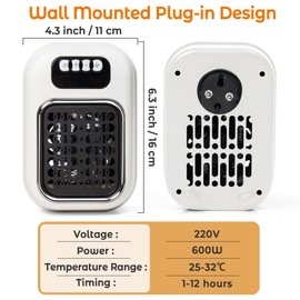 TirEurt Socket Fan Heater 600 W Ceramic Heater with Thermostat Remote Wall Outlet Space PTC Ceramic Heater 1-12H Timer and LED Display Adjustable Thermostat for Bedroom Office Kitchen White