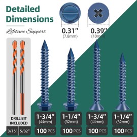EASTPUK 200Pcs Concrete Screws Anchors with Drill Bit, 3/16" 1/4" Hex & Flat Head Concrete Masonry Cement Screws Assortment Kit for Masonry, Block, Brick Stucco, Blue Coated