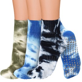 Handepo 3 Pairs Yoga Pilates Socks with Grips Tie Dye Yoga Socks Athletic Cushioned Crew Sock Pilate Non Slip Sock Women
