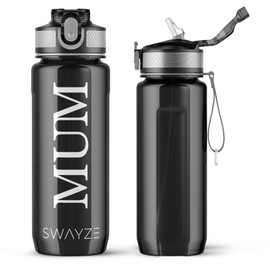 Mum Water Bottle with Straw 800ml Water Bottle, BPA Free Leakproof Lockable Flip Lid Drink Bottle Sports, Gift for Mum, Mothers Day Gifts (Black)