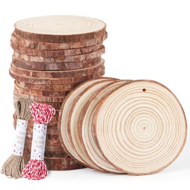 Timburst Wooden Discs, 36 Pieces, 7-8 cm Tree Slices, Pre-Drilled Holes, Wooden Plate, Round, Wooden Discs for Crafts, 20 m Ropes for Table Decoration, Decoration, Wedding, Centrepiece, Christmas