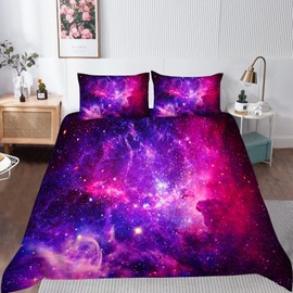 ANHOPE Galaxy Duvet Cover Set Soft Comforter Cover Set with Purple Pink Nebula Stars Print Pattern 3 Piece Bedding Set with Pillowcase All Season Quilt Cover with Zipper for Kids Adults Single Size