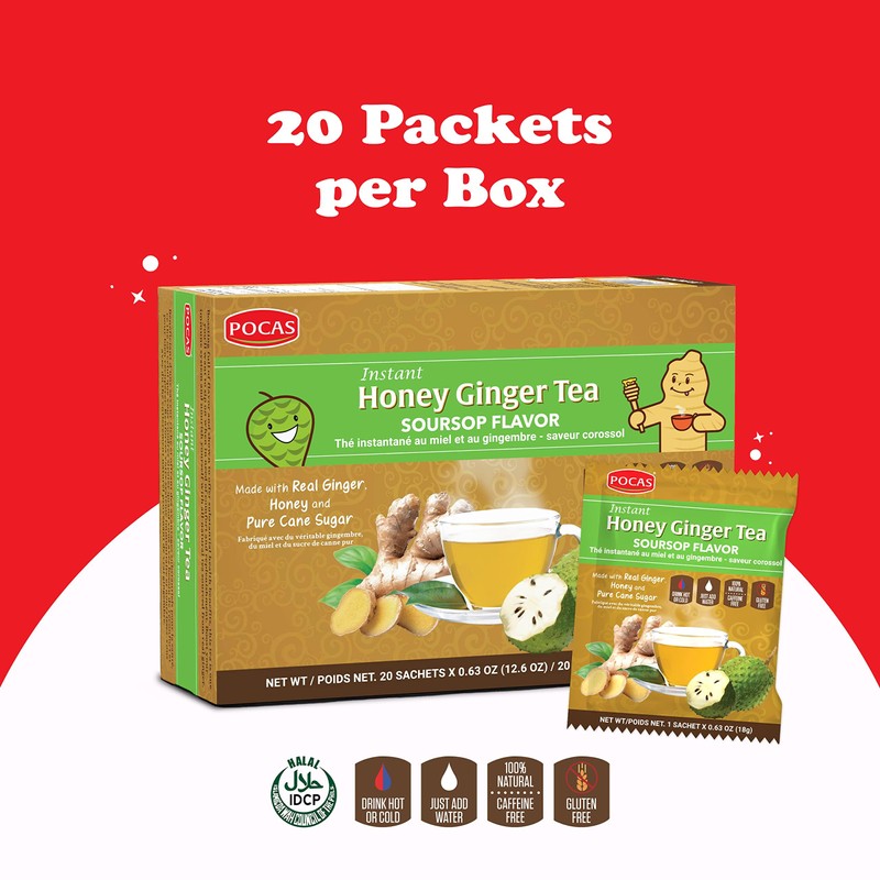 Pocas Honey Ginger Instant Tea Powder, Soursop Flavor, Real Ginger
