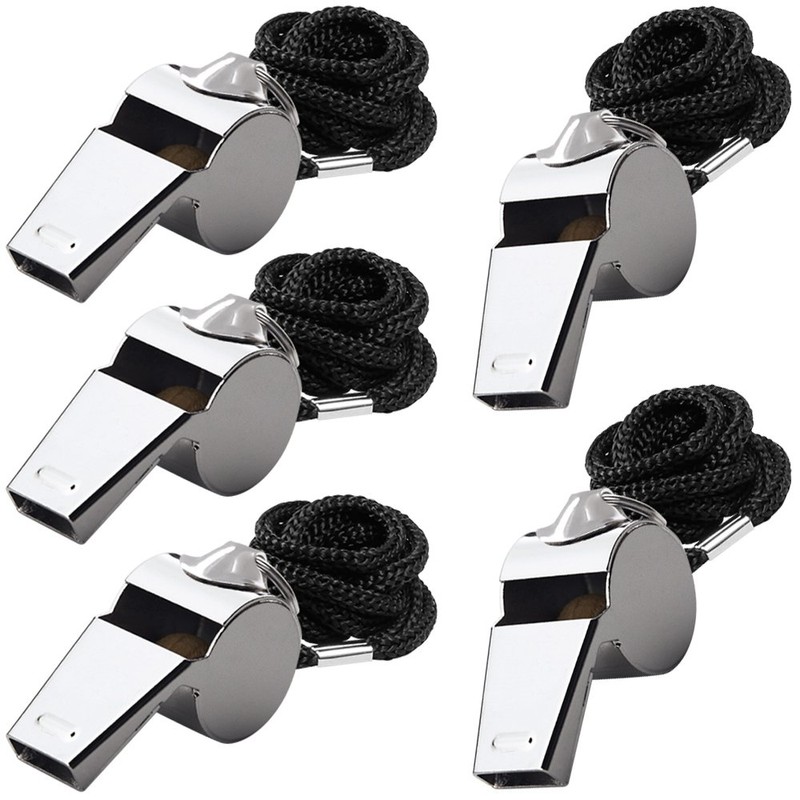 5 Pack Stainless Steel Whistle Finegood Loud Emergency Whistle with Key