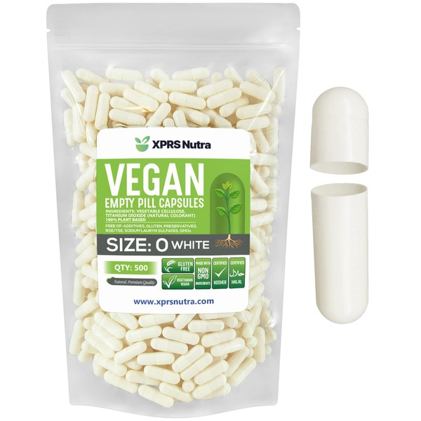 XPRS Nutra Size 0 Empty Capsules - 500 Count Empty Vegan Capsules - Vegetarian Empty Pill Capsules - DIY Vegetable Capsule Filling - Veggie Pill Capsules Empty Caps (White)