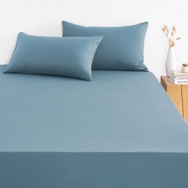 Wake In Cloud - Queen Fitted Sheet Set, 1000TC Ultra Soft Microfiber Bedding, Extra Deep Fitted Sheet & 2 Pillowcases, 3 Pieces, Steel Blue, Queen Size