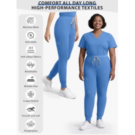 Women's Medical Scrub Pants, Soft Jogger Pant Scrub Bottoms with Zip Pocket Drawstring Mid-Rise Yoga Slim Cargo Pants Sky Blue