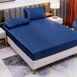 Jemiipee Satin Fitted Sheet Navy Blue, Super King Size for Bed 180 x 200 cm, Deep Pocket 30 cm (12 Inch), Soft Silky Solid Color Fitted Bedding Sheets