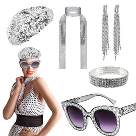 Editbar Pack of 5 Disco Accessories 70s Disco Accessories Costume with Sequins Beret Hat Bling Sunglasses, Adult Disco Outfit Accessories 70s 80s Outfit Women for Carnival, Women's Glitter Accessories