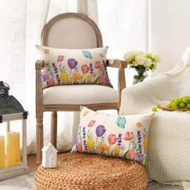 AVOIN colorlife Spring Flowers Tulip Lavender Eucalyptus Butterfly Throw Pillow Cover, 12 x 20 Inch Spring Cushion Case for Sofa Couch Set of 2