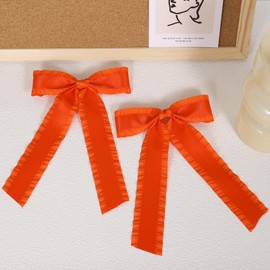 5.5" Orange Hair Ribbon Bow Clips Long Tail for Women Girls Big Solid Satin Double Ruffle Ribbon Alligator Barrettes Hairpins Happy Fall Outfit Decoration Accessory Birthday Gift