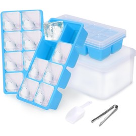 Big Ice Cube Molds with Lid and Storage Box, JRISBO 3 Pack Extra Large Ice Cube Trays BPA Free Silicone for Freezer, Easy-Release Stackable Ice Tray with Container Bin and Scoop