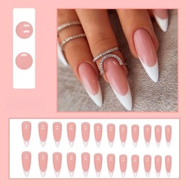 White French Tip Press on Nails Long Stiletto Fake Nails Nude Pink Nails Press ons Nail Tips Stick on Nails Almond Shape Acrylic False Nails Glossy Full Cover Glue on Nails for Women DIY Manicure